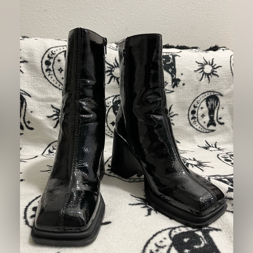 Black Faux Leather Heeled black boots -Used Like new